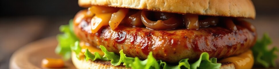 Close-up of a delicious grilled sausage sandwich on a toasted bun, with visible char marks and melted cheese  Juicy sausage, caramelized onions, and a hint of mustard are also visible , beef, pork