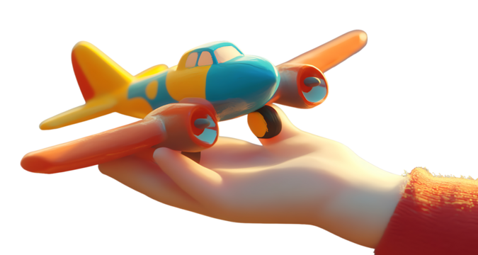 Playful child hand holding vibrant toy airplane against transparent background for use in children’s products and creative visuals