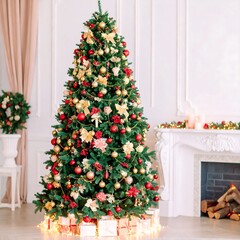Ornate Christmas tree decorated with red and gold ornaments, surrounded by presents, in a classic white room