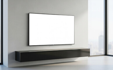 Fototapeta premium White Tv Blank Above Slim Black Console In Apartment