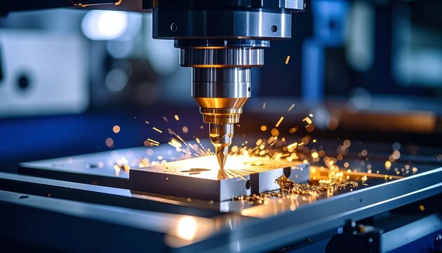 A cinematic close-up of a drill precisely boring into a solid aluminum block, sparks and metal shavings flying under dramatic lighting, highlighting industrial craftsmanship and precision engineering