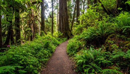 Obraz premium Lush, green forest trail winds through vibrant vegetation