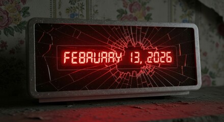 Ominous Friday the 13th, February 2026, displayed on a cracked and broken retro digital alarm clock.