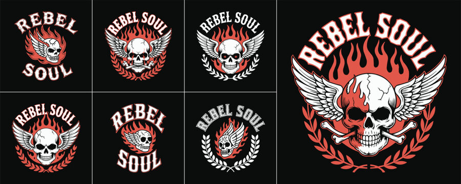Rebel Soul skull emblem set with wings flames laurel crossbones gothic tattoo biker rock motorcycle outlaw illustration design