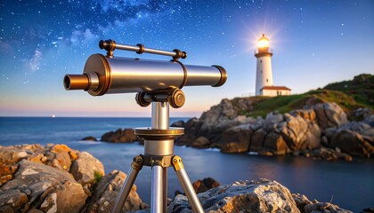 Coastal Telescope with Starry Night, and Lighthouse.