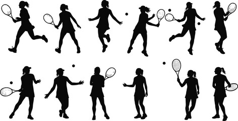 Female Tennis Player Silhouette Vector Set, Woman Playing Tennis Racket Game, Running, Serving, Swinging, Match Action Pose, Fitness Activity, Sportswoman Icon, Athletic Movement