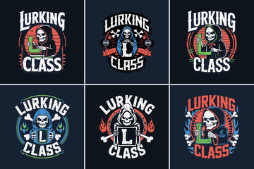 Grim reaper illustration with skull emblem, retro typography, and bone elements in urban streetwear style for t shirt design and logo art