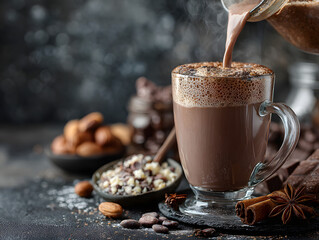 Pouring tasty hot chocolate cocoa drink into glass mug with ingredients on black table. Copy space Dark background. Low key.