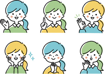 若い女性の表情とポーズセット