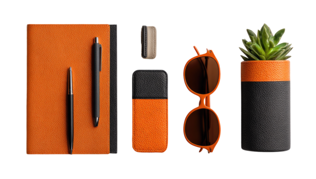 Flat lay of orange and black stationery and accessories