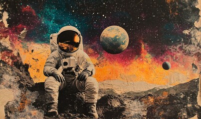 Collage art representing space exploration, featuring an astronaut amidst the vast expanse of space with celestial bodies, symbolizing the wonders of the universe and the human spirit, Generative AI