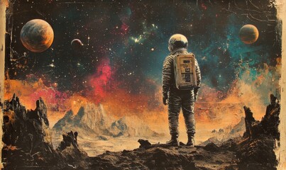 Collage art representing space exploration, featuring an astronaut amidst the vast expanse of space with celestial bodies, symbolizing the wonders of the universe and the human spirit, Generative AI