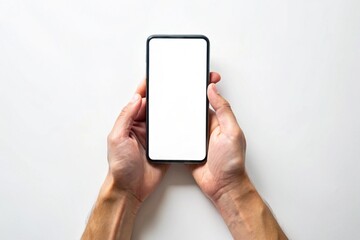 A person is holding a cell phone with a white screen