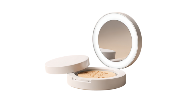 A compact, round makeup powder case with a built-in illuminated mirror.  The case is light beige, and the mirror is open, reflecting a light beige tone