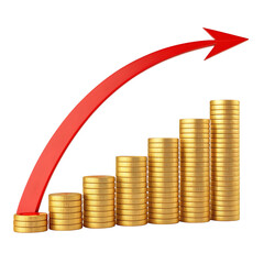 Rising arrow graph over stacks of gold coins isolated on transparent background