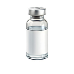 Clear glass medical vial with liquid and blank label isolated on transparent background