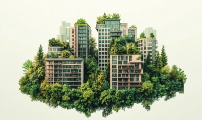 Illustrative concept of a green, sustainable urban area, showcasing eco-friendly buildings and lush greenery, emphasizing the importance of environmentally conscious urban planning, Generative AI