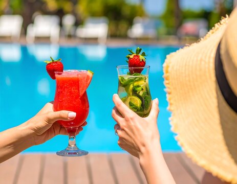 Two drinks by a pool