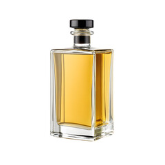 Clear glass bottle filled with amber liquid isolated on transparent background