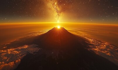 Breathtaking view of a sunrise from space, with golden rays illuminating the curvature of the Earth against a vast, starry cosmos, symbolizing the beauty and vastness of the universe, Generative AI