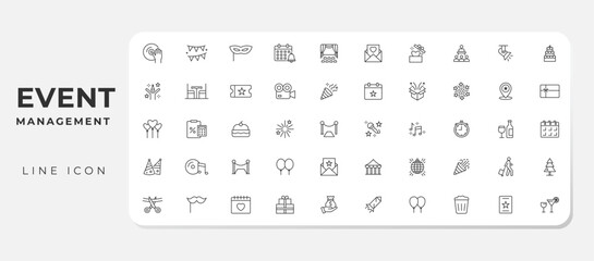 Event management line icons set. Event organization, catering, invitations, holidays, guests, entertainment, celebrations, decoration, and more vector icon collections
