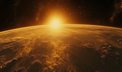 Breathtaking view of a sunrise from space, with golden rays illuminating the curvature of the Earth against a vast, starry cosmos, symbolizing the beauty and vastness of the universe, Generative AI