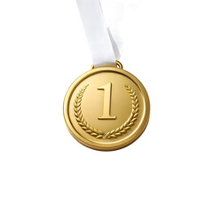 Gold medal with number one and white ribbon isolated on transparent background