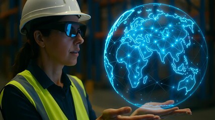Global inventory system concept featuring engineer with digital globe hologram warehouse environment ensuring safety with helmet - Powered by Adobe