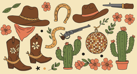 Western themed design featuring cowboy hats, boots, horseshoe and cactus doodles