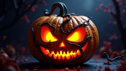 Spooky Halloween Jack O Lantern Glowing in Dark Forest