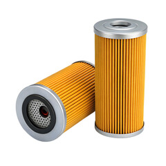 Two cylindrical oil filters with orange pleated paper isolated on transparent background