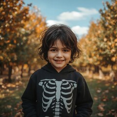 Young Boy in Skeleton Hoodie Enjoying Autumn Outdoors
