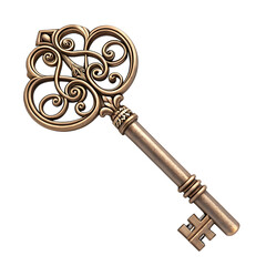Antique ornate golden key isolated on transparent background