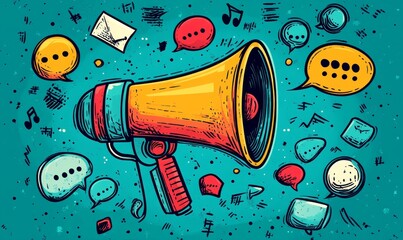 Marketing concept with a megaphone and speech bubbles, illustrating effective communication strategies in advertising, with a focus on trends, psychology, and engagement through, Generative AI