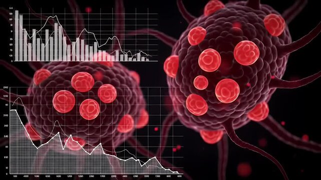 Detailed Microscopic Visualization of Red Virus Cells with Scientific Charts and Data Rendered in 3D