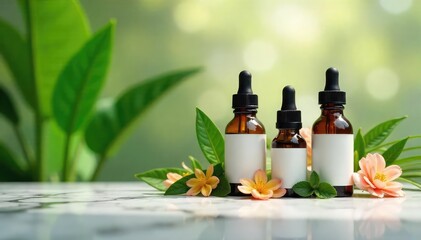 Elegant homeopathic remedies displayed on a marble surface, surrounded by lush greenery and soft lighting, conveying a sense of refined wellness ,  herbal remedy, homeopathy