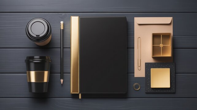 Elegant black and gold stationery set with coffee cups on a dark wooden surface