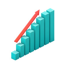 Green bar graph with red arrow showing upward trend isolated on transparent background
