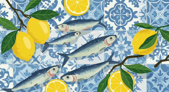 Vibrant sardine and lemon illustration on patterned Portuguese tile background
