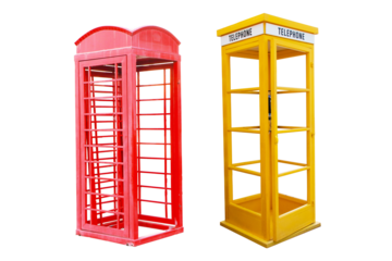 Vintage old yellow and red phone booth isolated on cutout PNG or transparent background. Public telephone booth Designed by Sir Giles Gilbert Scott, familiar symbol on UK road (yellow telephone box)