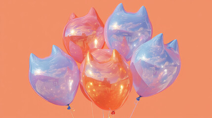 Colorful balloons shaped like cat heads float against vibrant sunset background, creating