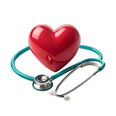 Red heart and stethoscope symbol of cardiology and healthcare isolated on transparent background
