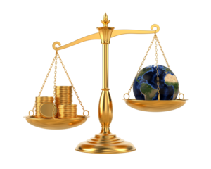 Money and globe on scale. Isolated 3D illustration on white background