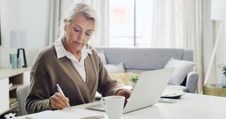 Laptop, remote work and writing with woman in living room of home for notes, planning or research. Computer, notebook and small business with mature freelance employee at desk in apartment for agenda