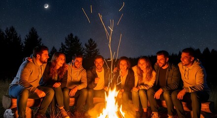 Group of happy young friends sitting around a bonfire at night.