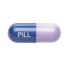 Blue and white capsule pill with the word pill written on it isolated on transparent background