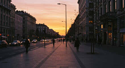Fototapeta premium Walking along the central street of a big city during sunset.