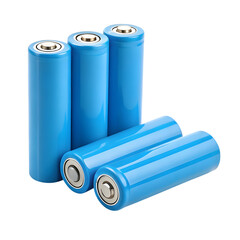 Several blue rechargeable lithium ion batteries isolated on transparent background