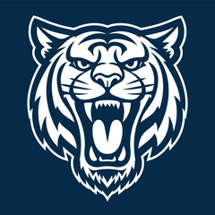 A powerful and stylized illustration of a roaring tiger head in white, exuding strength and aggression. Perfect for sports, branding, or bold graphic designs that convey fierce energy