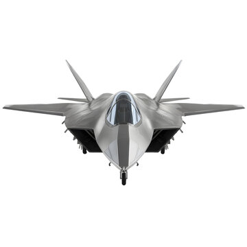 A front view of a fighter jet with wings and a cockpit on a black background in a studio shot on transparent background